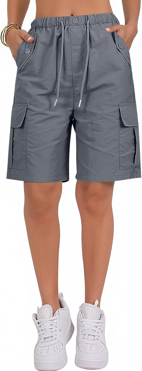 Bermuda Shorts for Women Summer Quick Dry Cargo Shorts with Pockets Outdoor Drawstring Knee Length Hiking Short