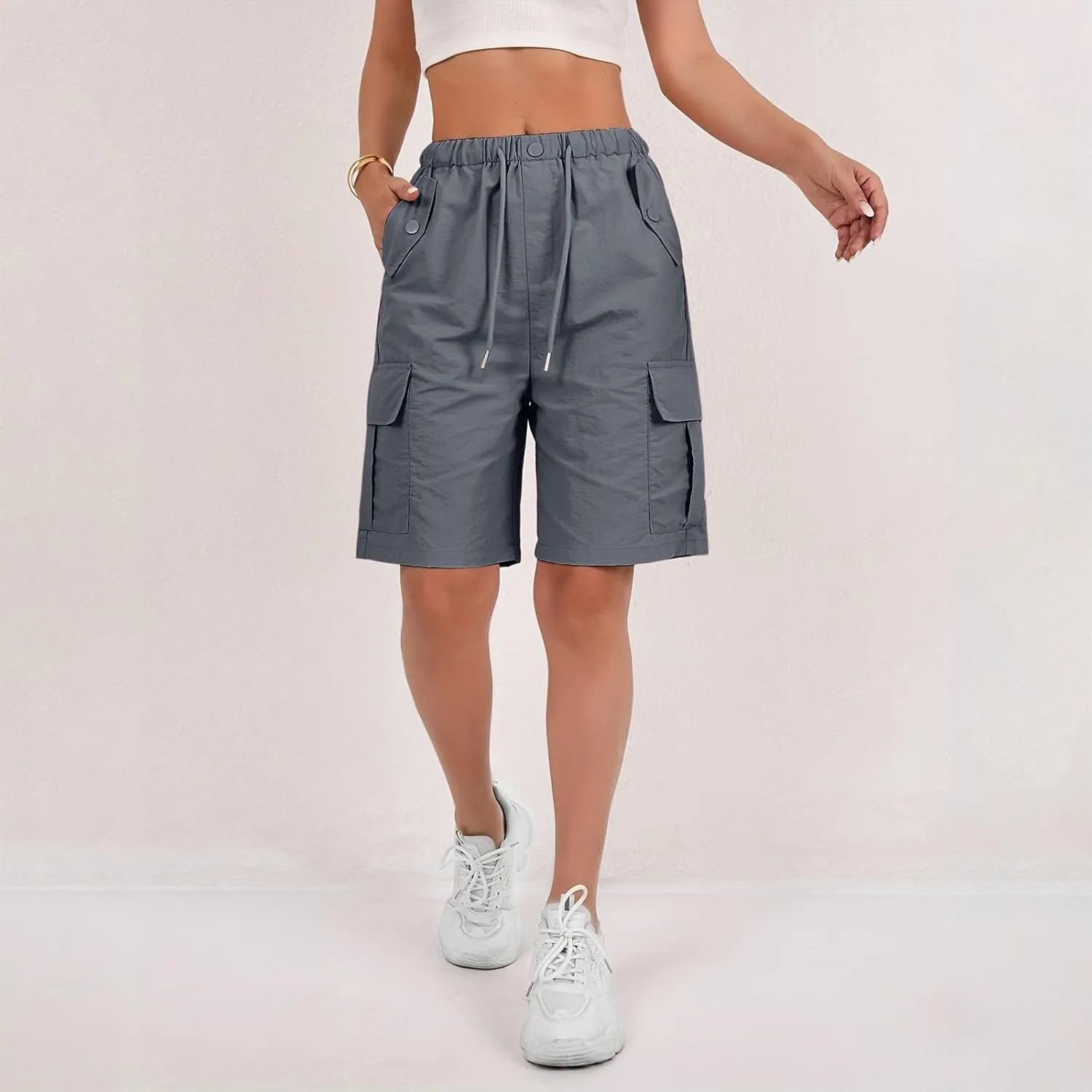 Bermuda Shorts for Women Summer Quick Dry Cargo Shorts with Pockets Outdoor Drawstring Knee Length Hiking Short