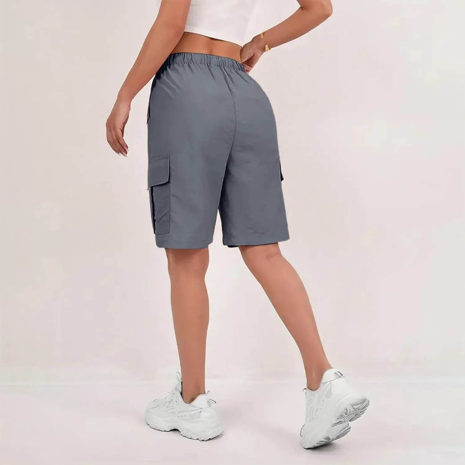 Bermuda Shorts for Women Summer Quick Dry Cargo Shorts with Pockets Outdoor Drawstring Knee Length Hiking Short