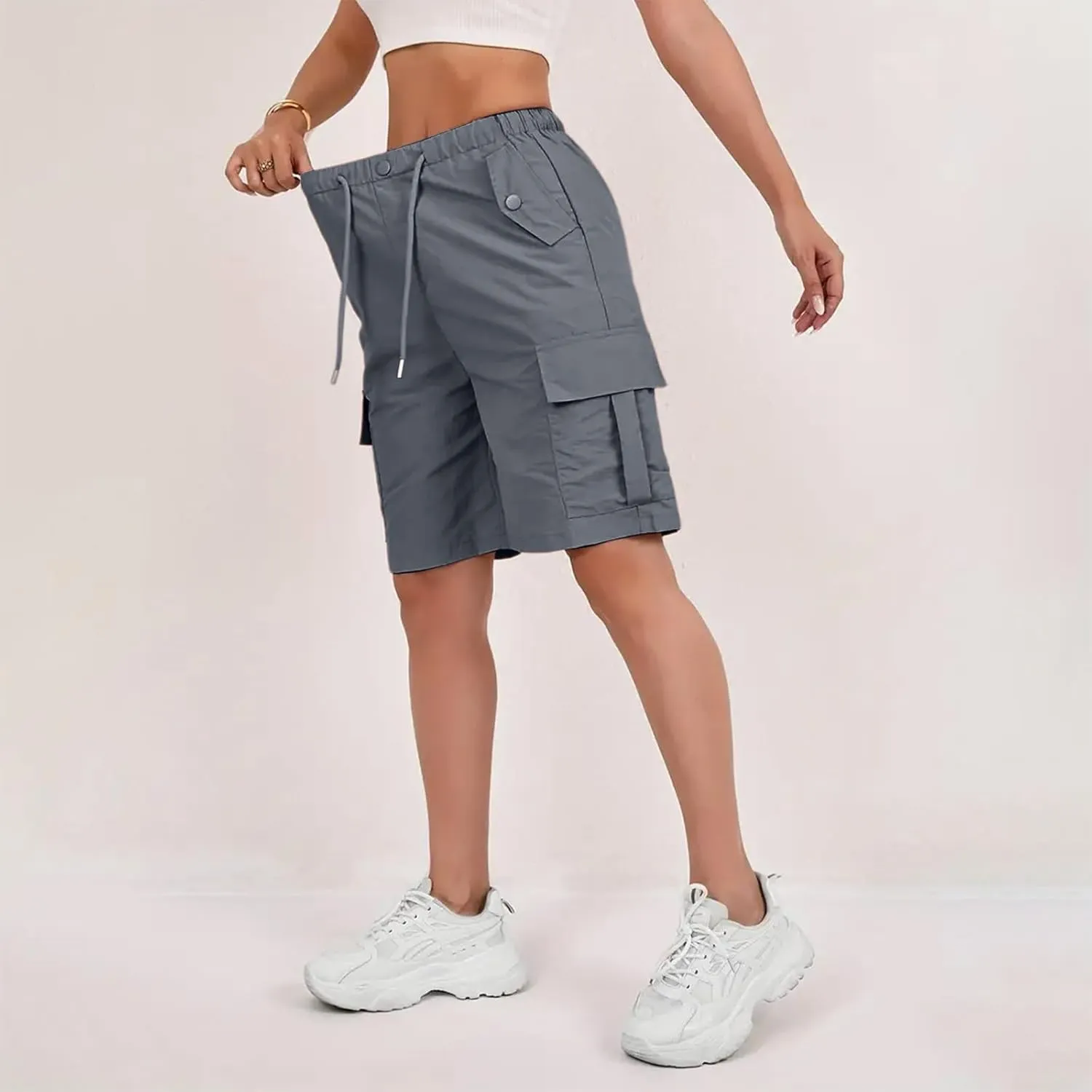 Bermuda Shorts for Women Summer Quick Dry Cargo Shorts with Pockets Outdoor Drawstring Knee Length Hiking Short