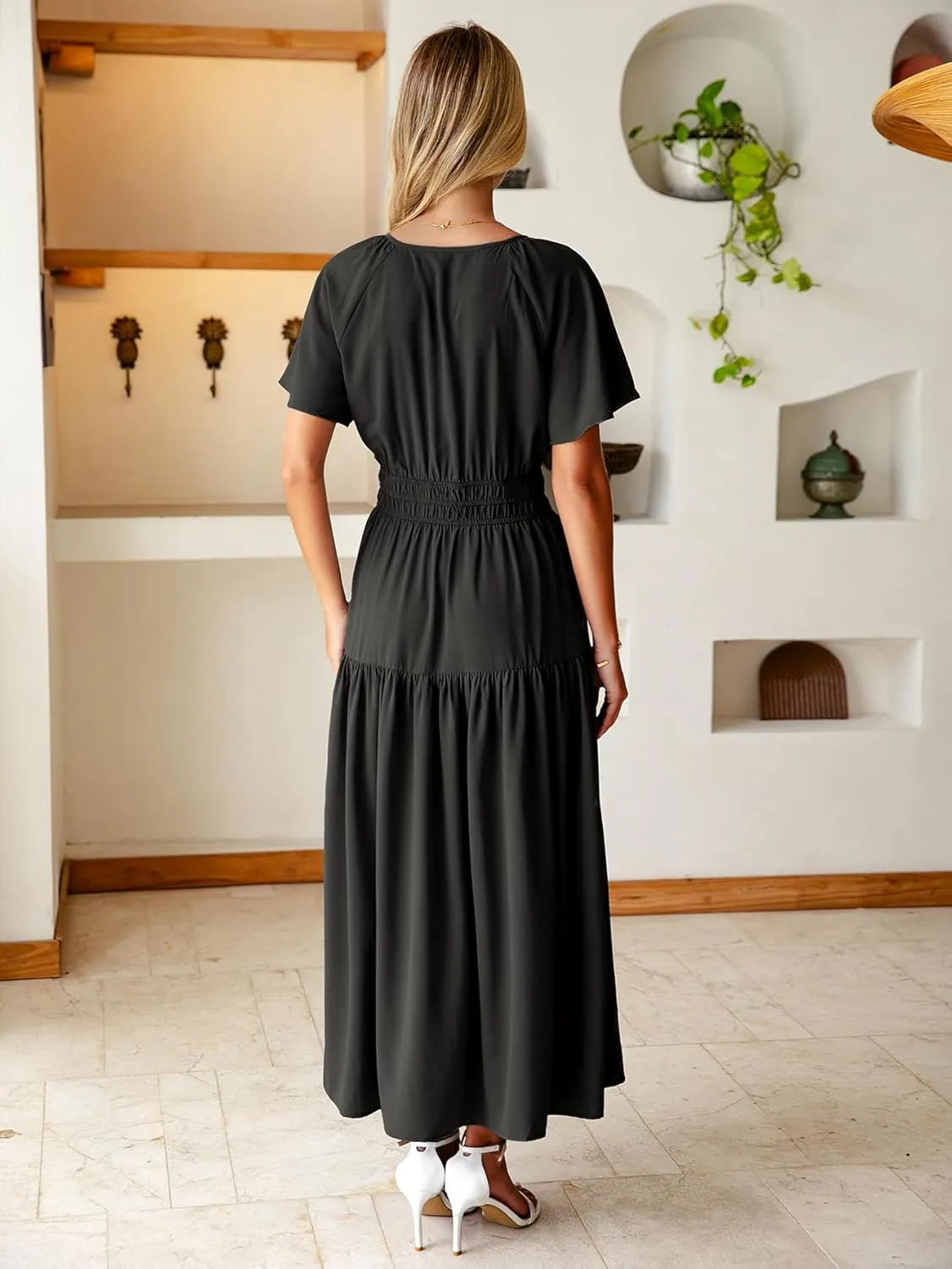 BerryGo Women Casual Summer Dress 2025 Short Sleeve Drawstring Flowy Maxi Long Dresses with Pockets
