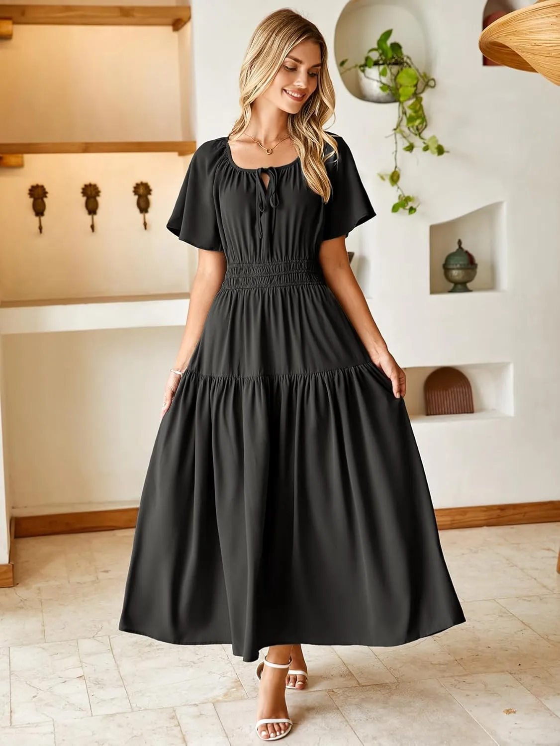 BerryGo Women Casual Summer Dress 2025 Short Sleeve Drawstring Flowy Maxi Long Dresses with Pockets