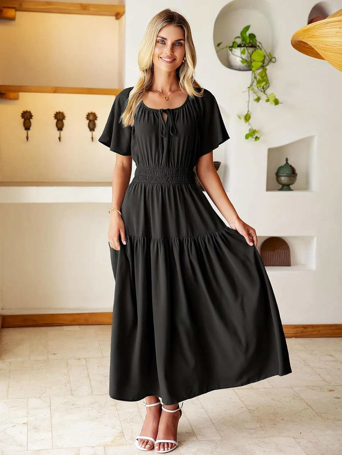 BerryGo Women Casual Summer Dress 2025 Short Sleeve Drawstring Flowy Maxi Long Dresses with Pockets