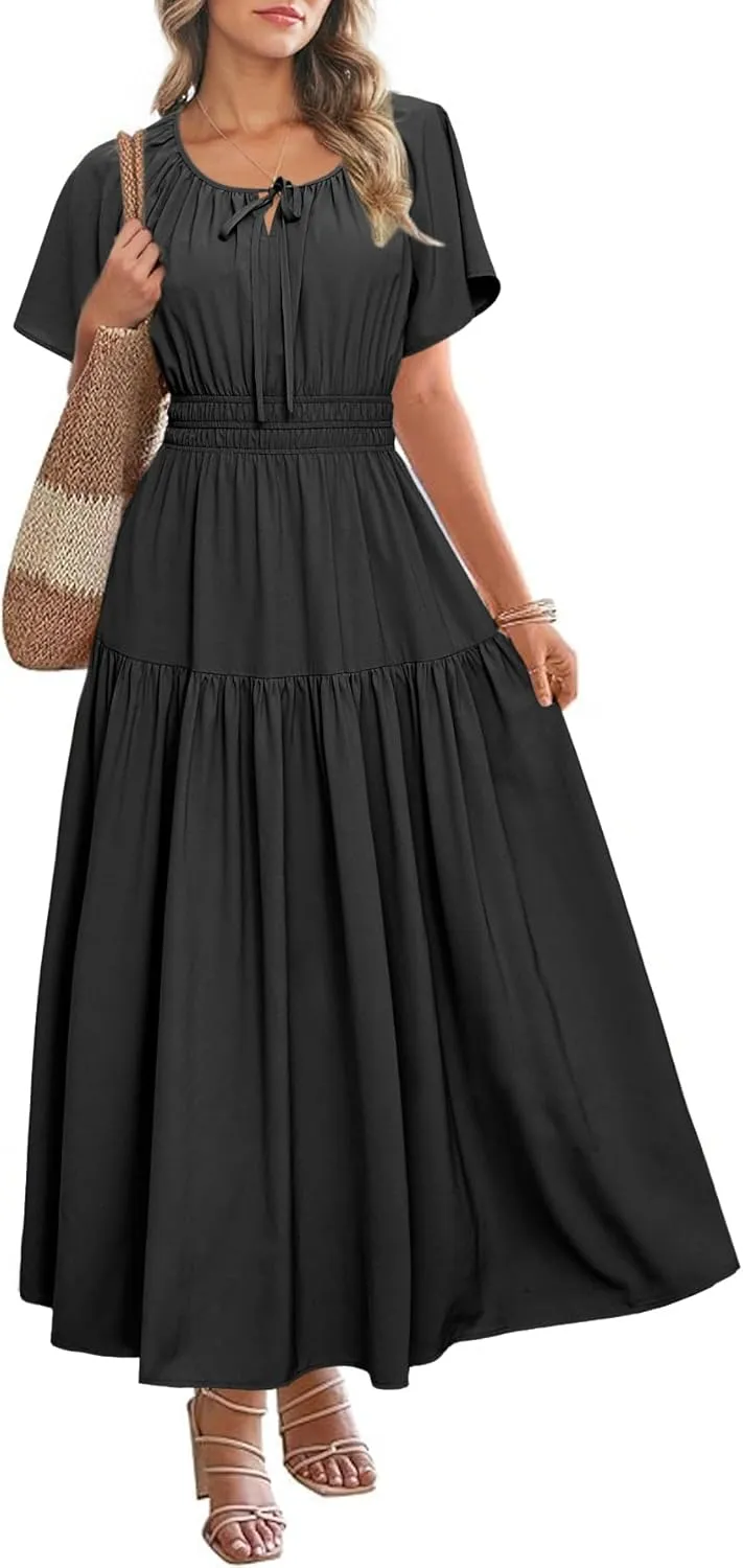 BerryGo Women Casual Summer Dress 2025 Short Sleeve Drawstring Flowy Maxi Long Dresses with Pockets
