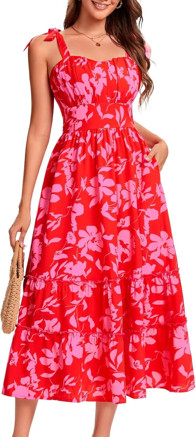 BeryLove Women's Floral Sundresses 2025 Spaghetti Strap Summer Midi Wedding Guest Dress