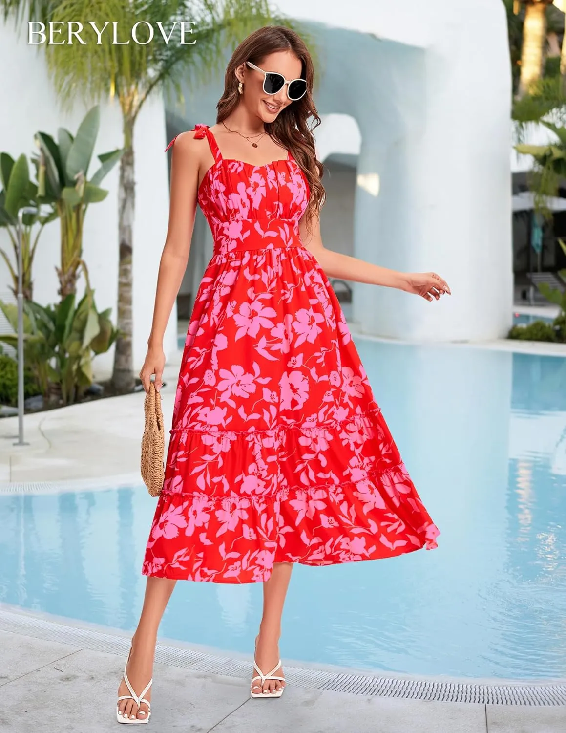 BeryLove Women's Floral Sundresses 2025 Spaghetti Strap Summer Midi Wedding Guest Dress