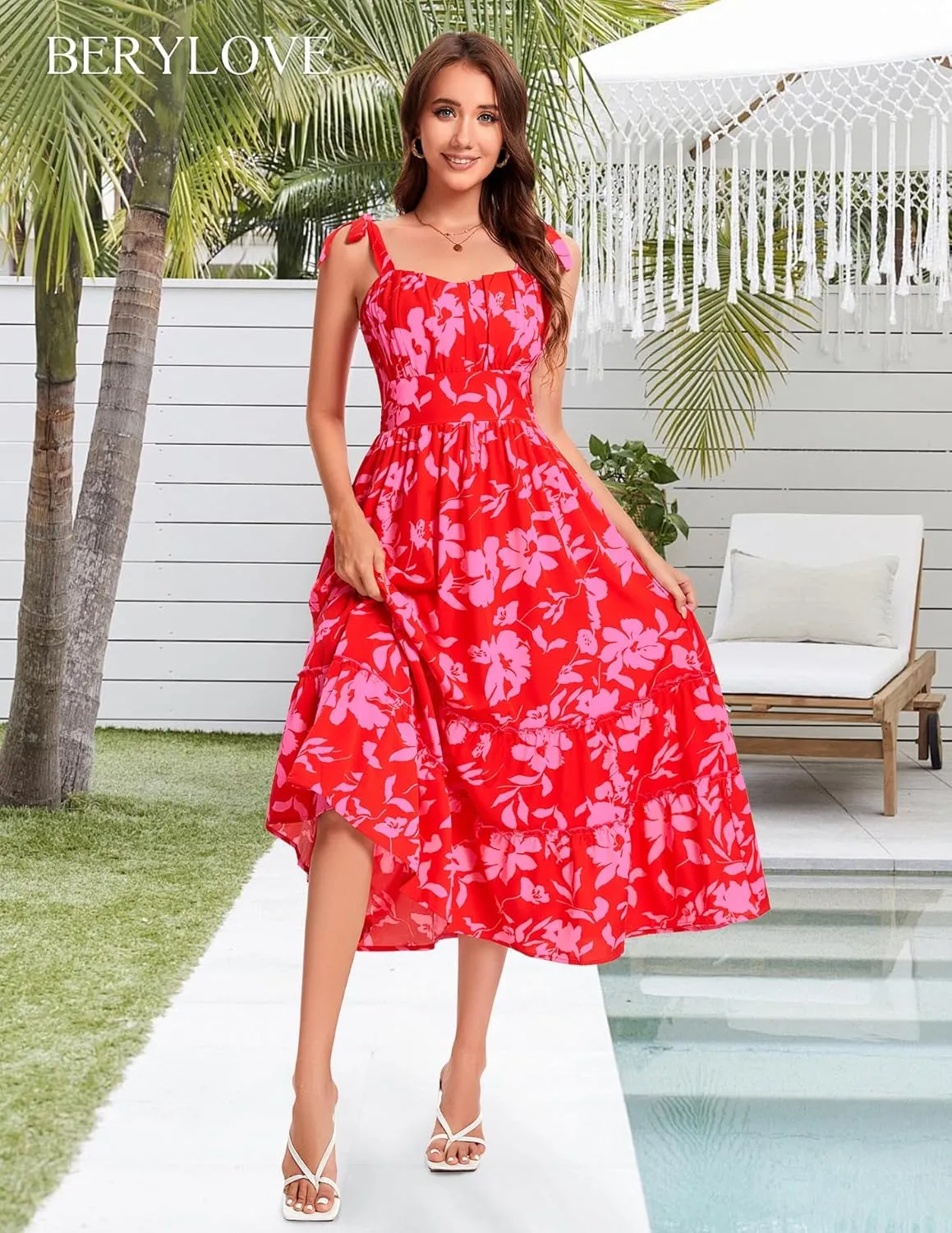 BeryLove Women's Floral Sundresses 2025 Spaghetti Strap Summer Midi Wedding Guest Dress