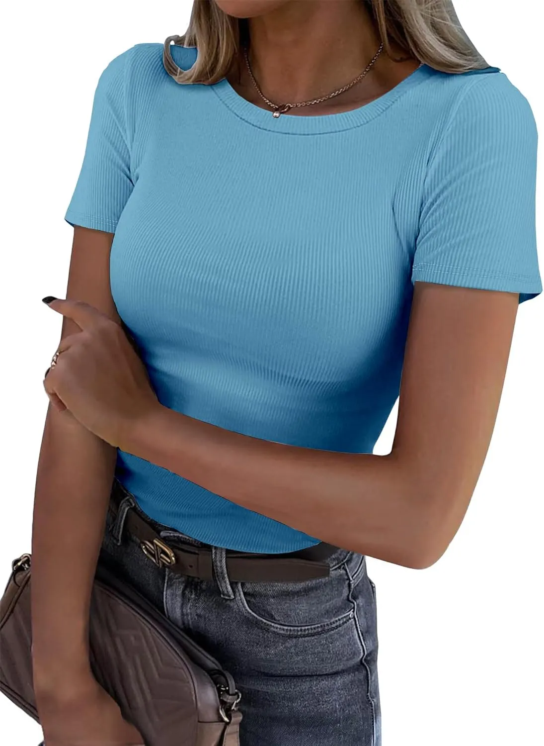 BIDITANLE Womens Summer Short Sleeve T-Shirt Ribbed Knit Crew Neck Slim Fitted Basic Casual Top