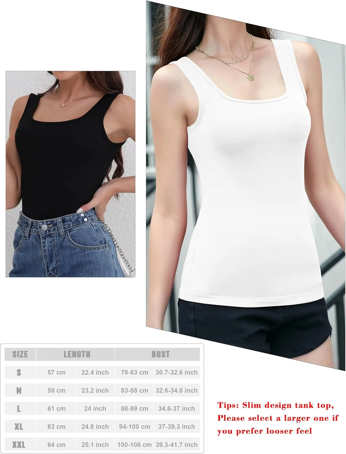 BQTQ 5 Pack Womens Square Neck Tank Tops Sleeveless Ladies Tank Top Undershirts