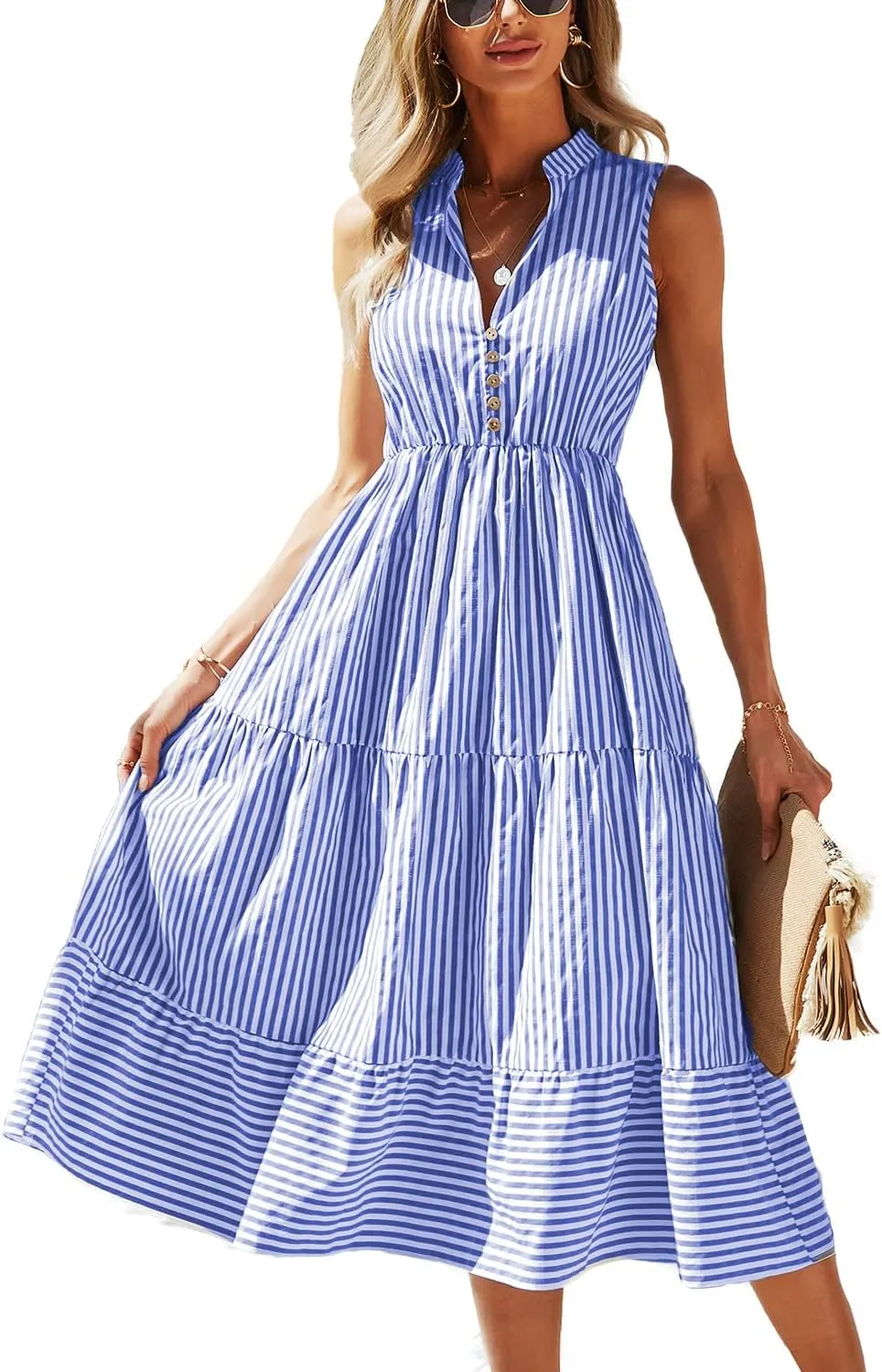 BROVAVE Womens 2025 Summer Sleeveless Shirt Dress Collar Striped V Neck Casual Midi Dresses