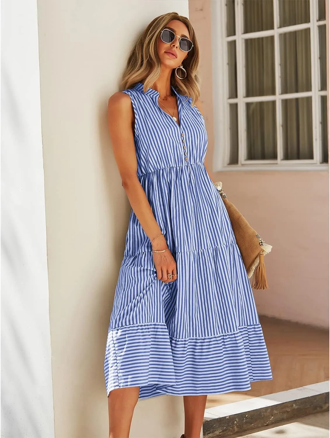 BROVAVE Womens 2025 Summer Sleeveless Shirt Dress Collar Striped V Neck Casual Midi Dresses