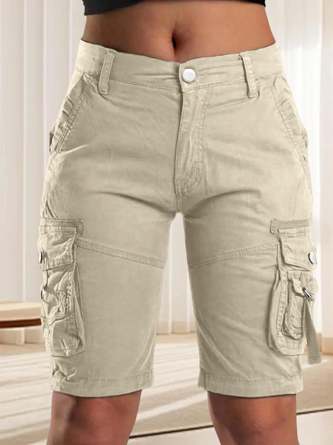 Cargo Shorts Women Flap Pocket Design Bermuda Cargo Shorts Knee Length Summer Hiking Shorts Casual Shorts