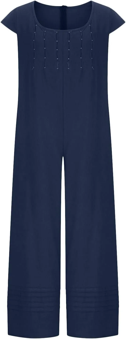 Ceboyel Women's Bohemian Wid Leg Overalls Cotton Linen Baggy Long Pants Short Sleeve Summer Causal Jumpsuits Vacation Clothes