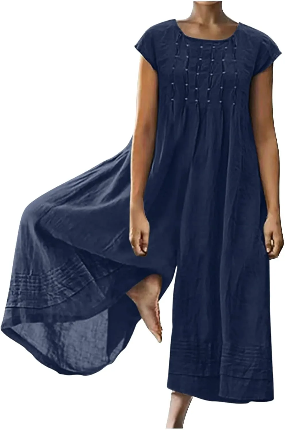 Ceboyel Women's Bohemian Wid Leg Overalls Cotton Linen Baggy Long Pants Short Sleeve Summer Causal Jumpsuits Vacation Clothes