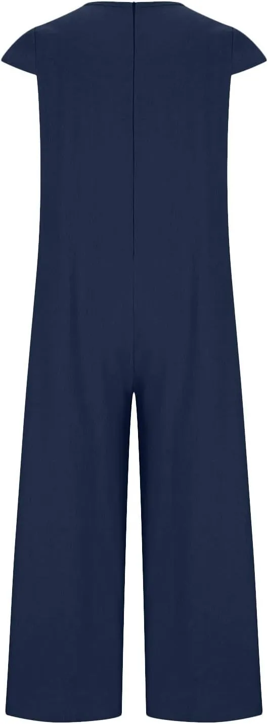 Ceboyel Women's Bohemian Wid Leg Overalls Cotton Linen Baggy Long Pants Short Sleeve Summer Causal Jumpsuits Vacation Clothes