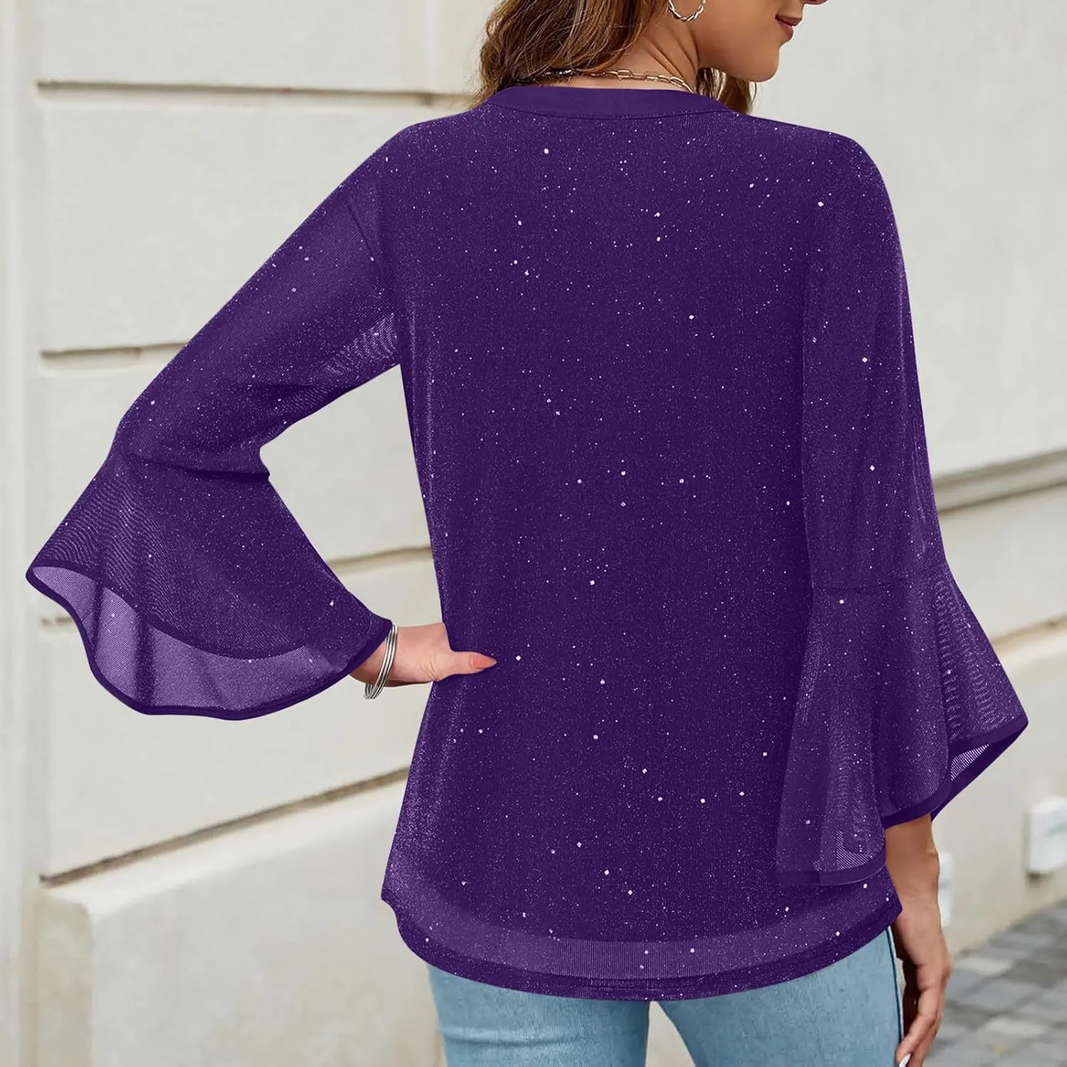 Ceboyel Womens Sparkly Holiday Dressy Tops 3/4 Sleeve V Neck Shirt Tunic Elegant Flowy Blouses Business Party Outfits Clothes