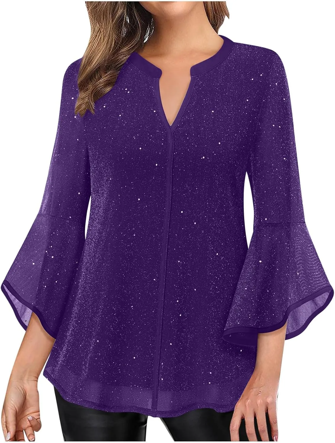 Ceboyel Womens Sparkly Holiday Dressy Tops 3/4 Sleeve V Neck Shirt Tunic Elegant Flowy Blouses Business Party Outfits Clothes