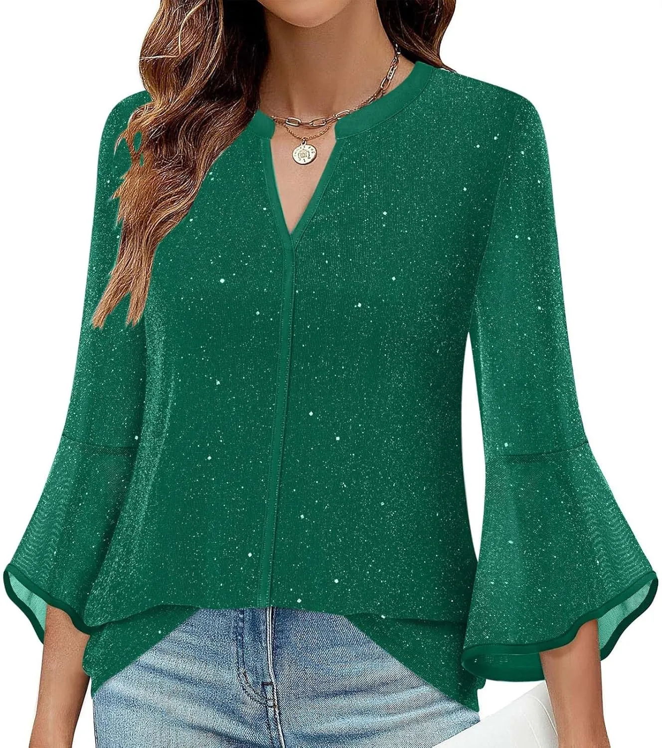 Ceboyel Womens Sparkly Holiday Dressy Tops 3/4 Sleeve V Neck Shirt Tunic Elegant Flowy Blouses Business Party Outfits Clothes