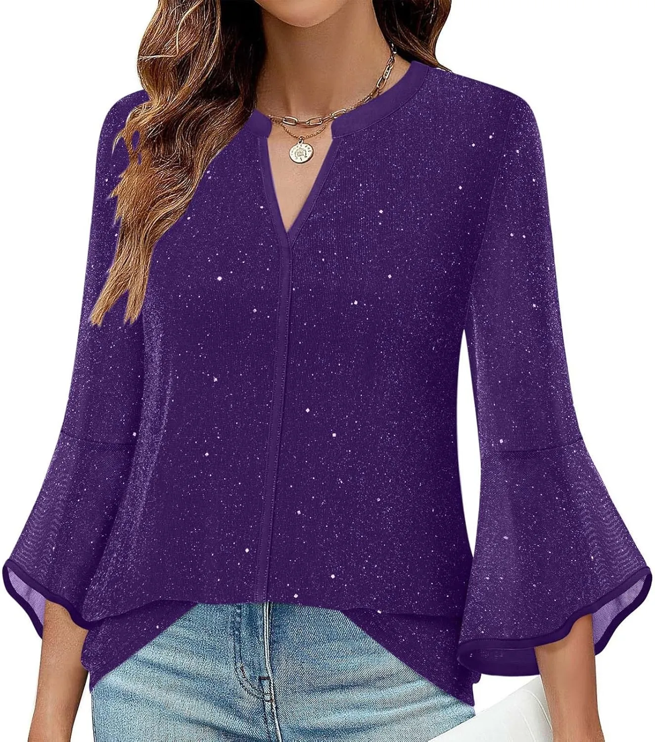 Ceboyel Womens Sparkly Holiday Dressy Tops 3/4 Sleeve V Neck Shirt Tunic Elegant Flowy Blouses Business Party Outfits Clothes