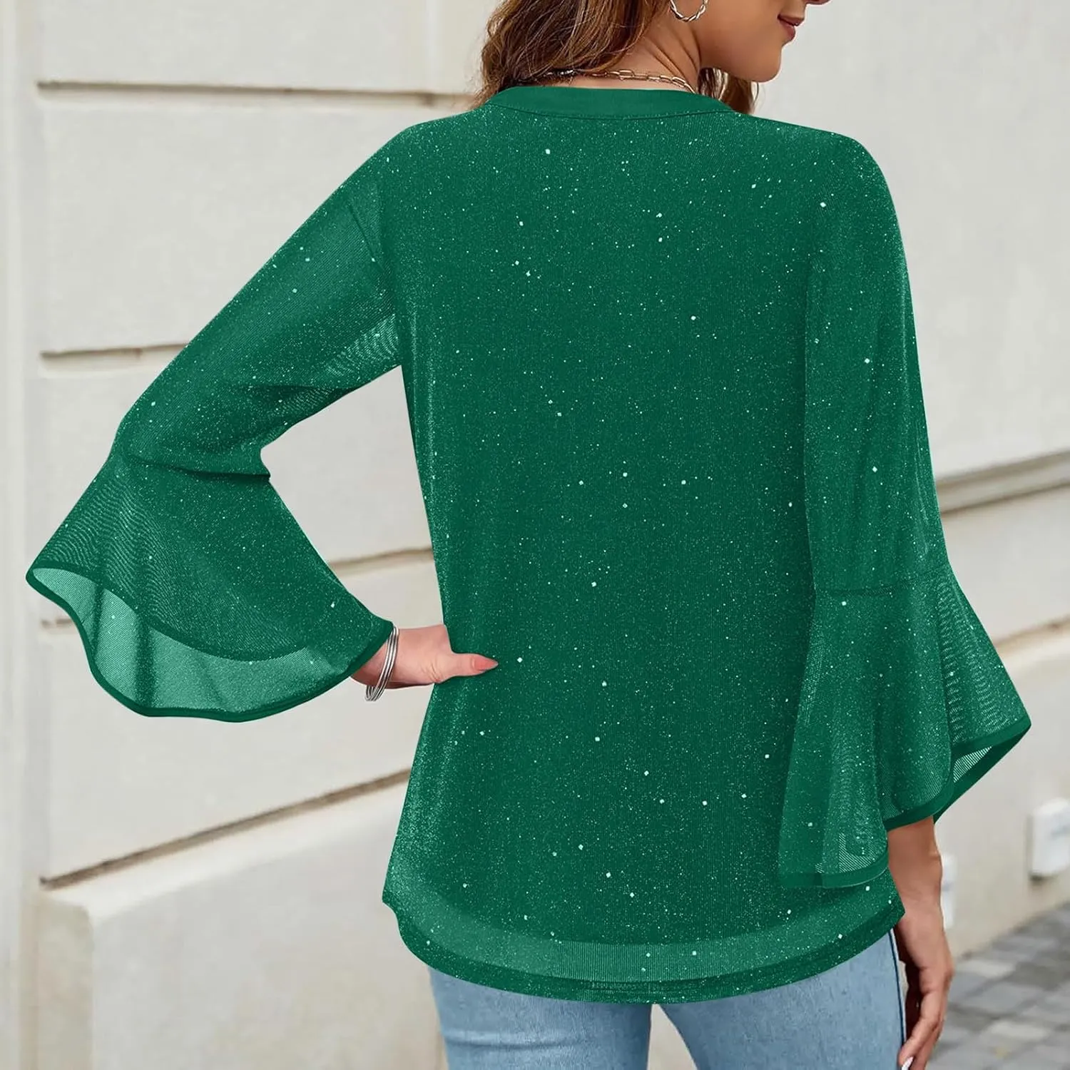 Ceboyel Womens Sparkly Holiday Dressy Tops 3/4 Sleeve V Neck Shirt Tunic Elegant Flowy Blouses Business Party Outfits Clothes