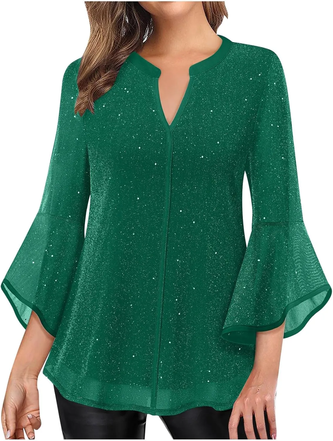 Ceboyel Womens Sparkly Holiday Dressy Tops 3/4 Sleeve V Neck Shirt Tunic Elegant Flowy Blouses Business Party Outfits Clothes