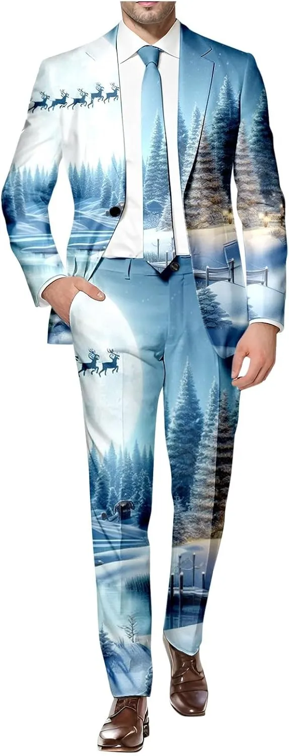 Christmas Suit for Men 2 Piece Casual Business Suit Festive Outfits Snowflake Print Ugly Holiday Suits Tracksuit Set
