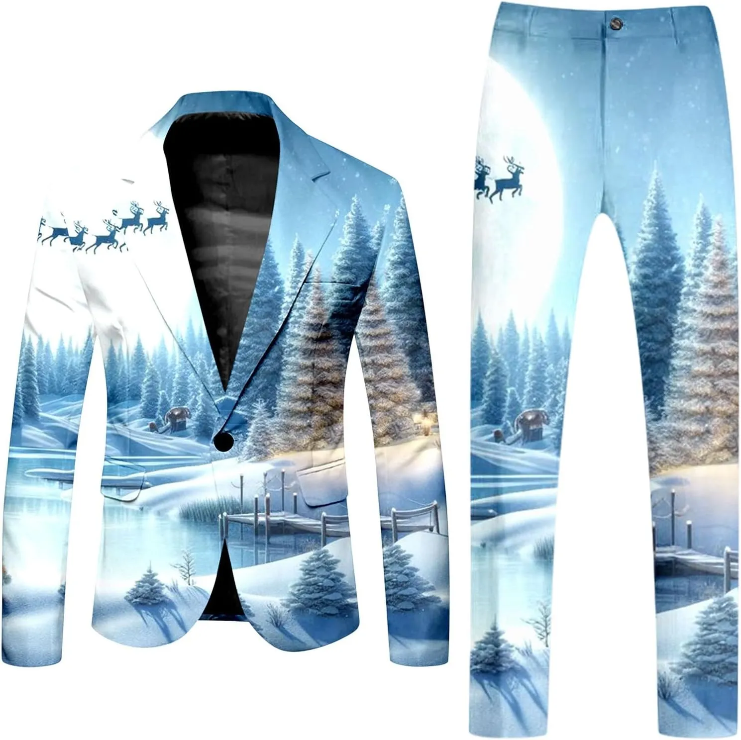 Christmas Suit for Men 2 Piece Casual Business Suit Festive Outfits Snowflake Print Ugly Holiday Suits Tracksuit Set