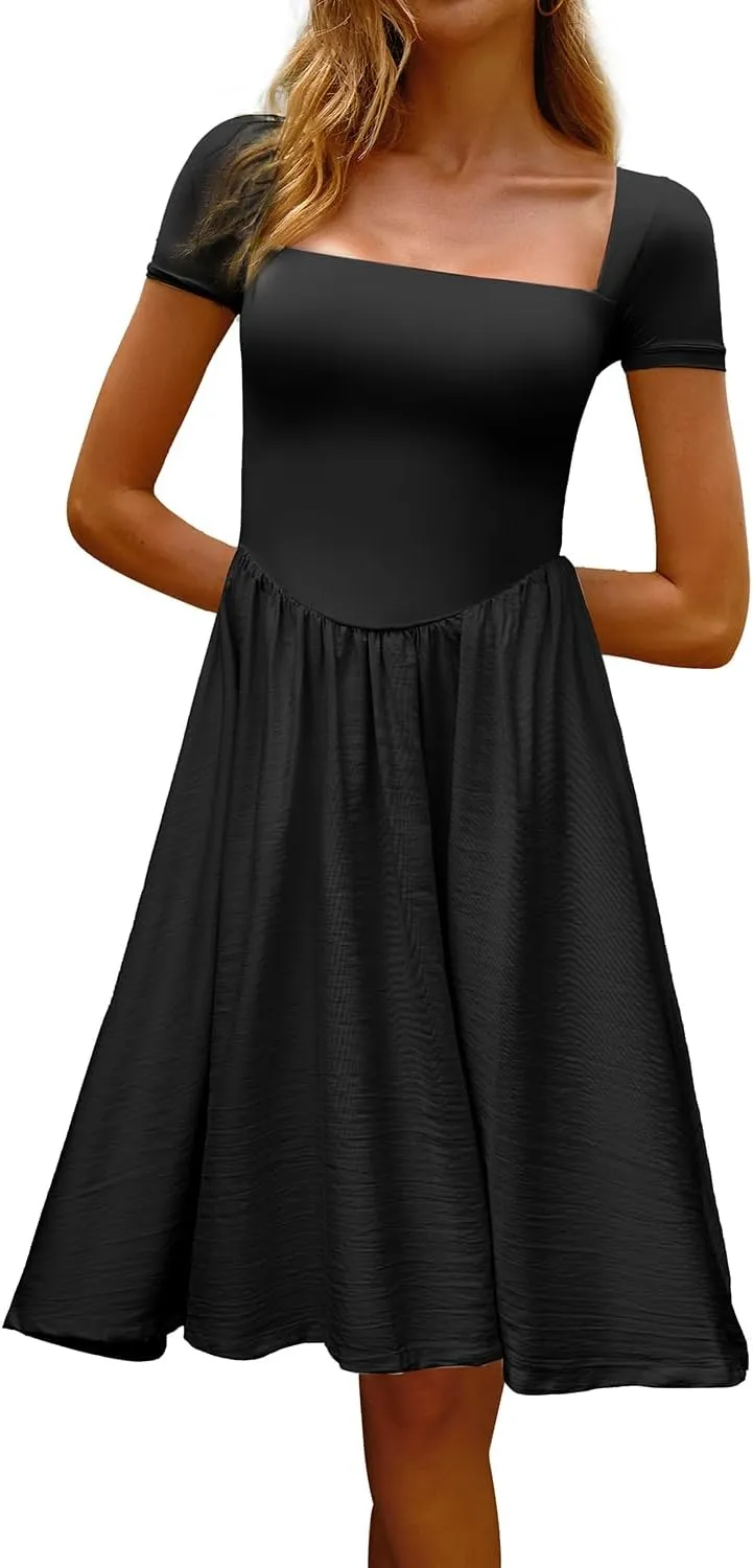 CHYRII Women Fashion Summer 2025 Square Neck Short Sleeve A-Line Midi Dress Long Sundress