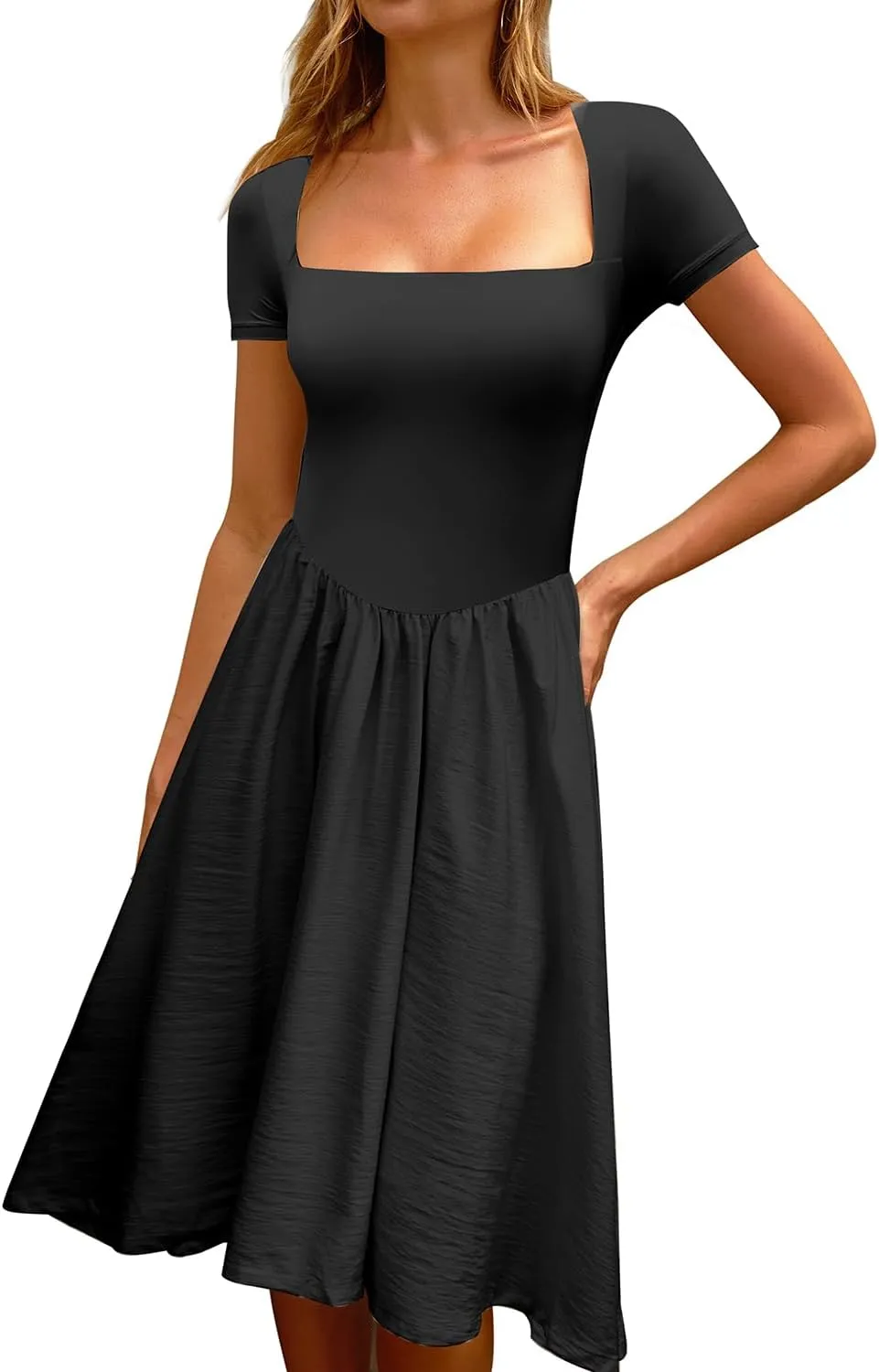 CHYRII Women Fashion Summer 2025 Square Neck Short Sleeve A-Line Midi Dress Long Sundress