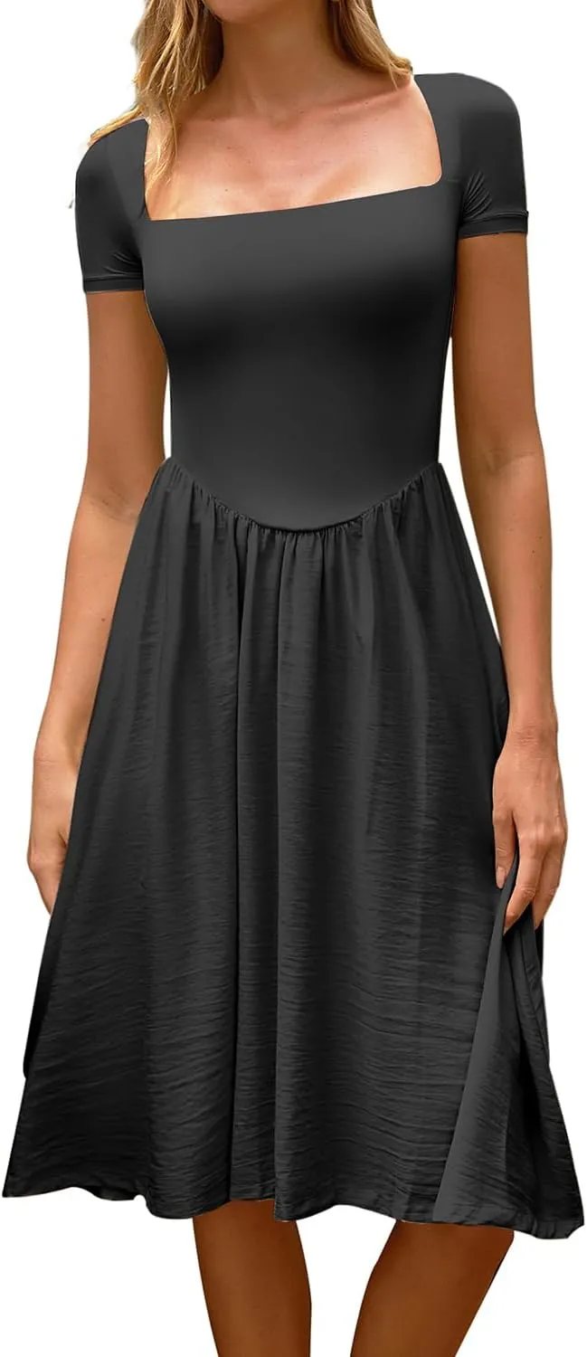CHYRII Women Fashion Summer 2025 Square Neck Short Sleeve A-Line Midi Dress Long Sundress