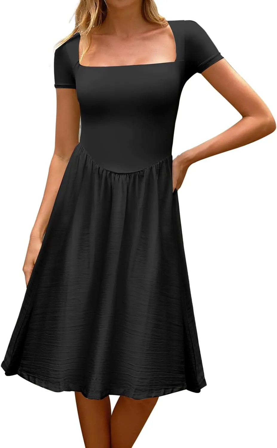 CHYRII Women Fashion Summer 2025 Square Neck Short Sleeve A-Line Midi Dress Long Sundress