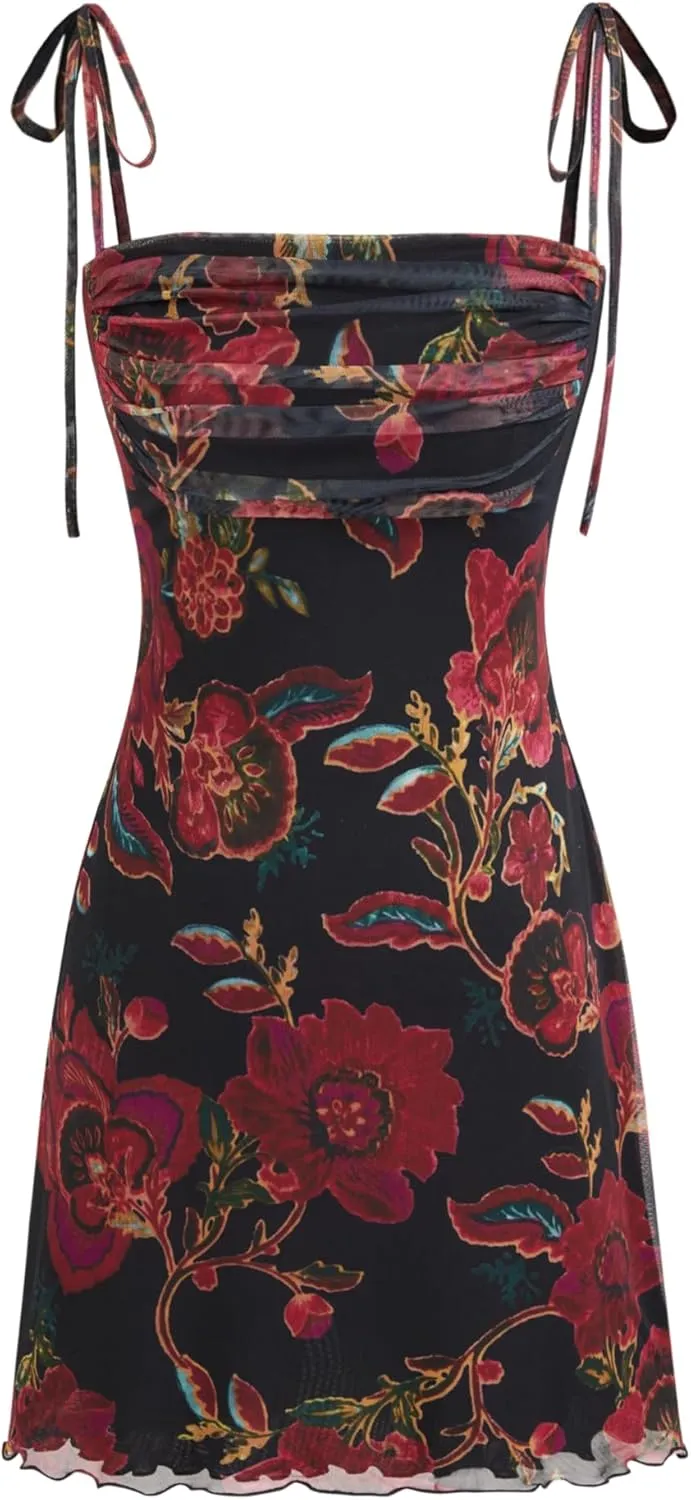 CIDER Square Neck Floral Ruched Mini Dress