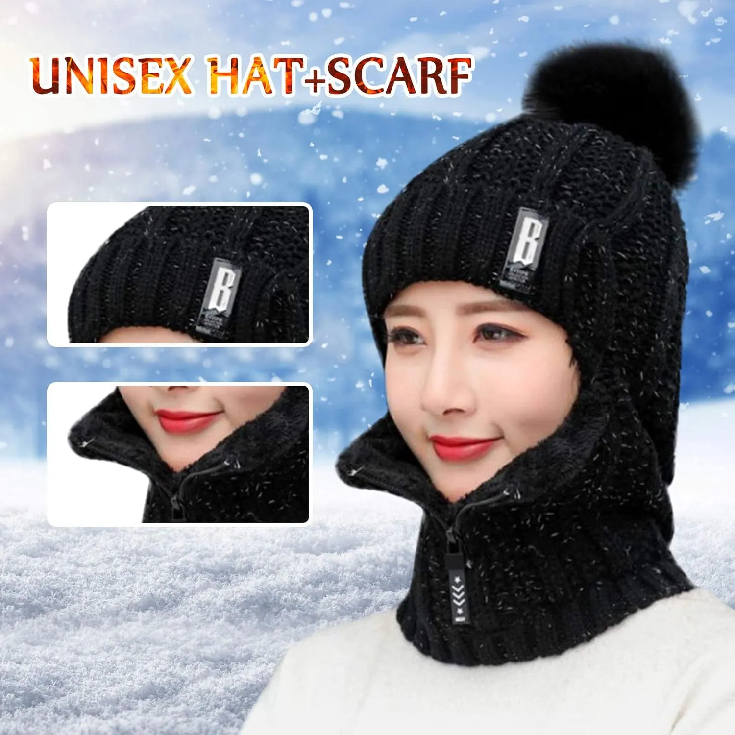 Cold Weather Fleece Windproof Ski Hat Winter Breathable Thermal Neck Warmer Scarf Hood for Men and Women