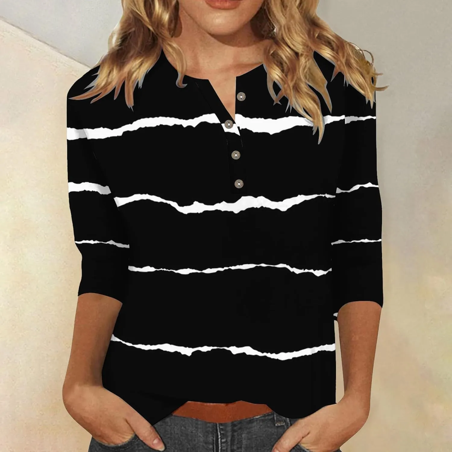 CRNTCEM Womens Spring 3/4 Sleeve Tops 2024 Fashion V Neck Tunic Casual Dressy Tee Asymmetric Lapel Neck Button Dressy Blouse