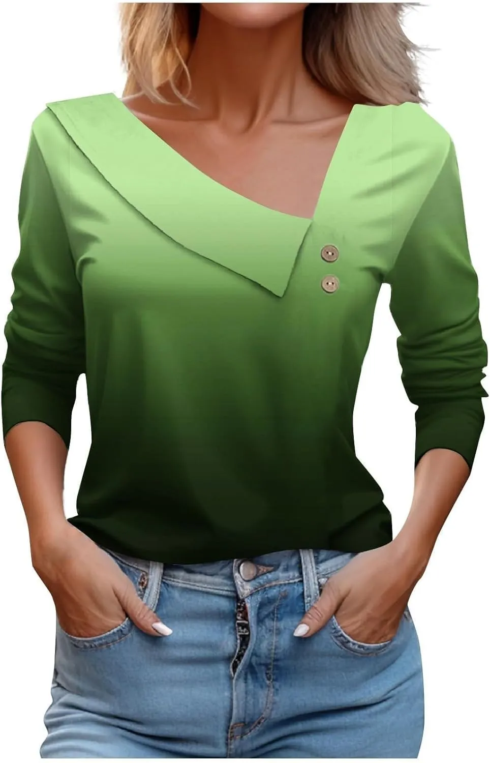 CRNTCEM Womens Spring 3/4 Sleeve Tops 2024 Fashion V Neck Tunic Casual Dressy Tee Asymmetric Lapel Neck Button Dressy Blouse