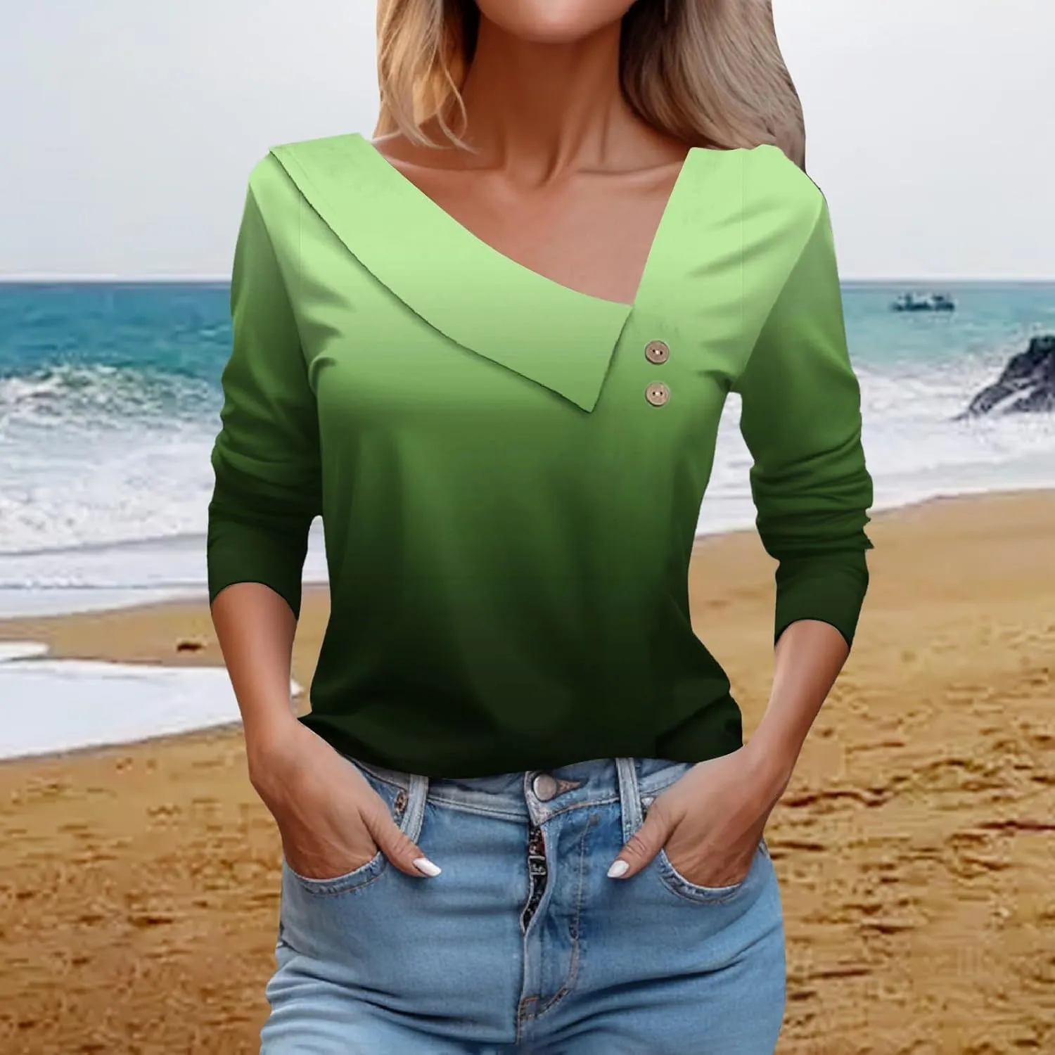 CRNTCEM Womens Spring 3/4 Sleeve Tops 2024 Fashion V Neck Tunic Casual Dressy Tee Asymmetric Lapel Neck Button Dressy Blouse