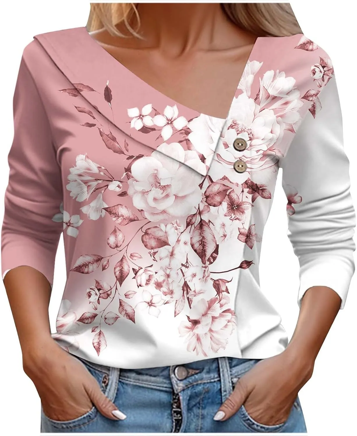 CRNTCEM Womens Spring 3/4 Sleeve Tops 2024 Fashion V Neck Tunic Casual Dressy Tee Asymmetric Lapel Neck Button Dressy Blouse