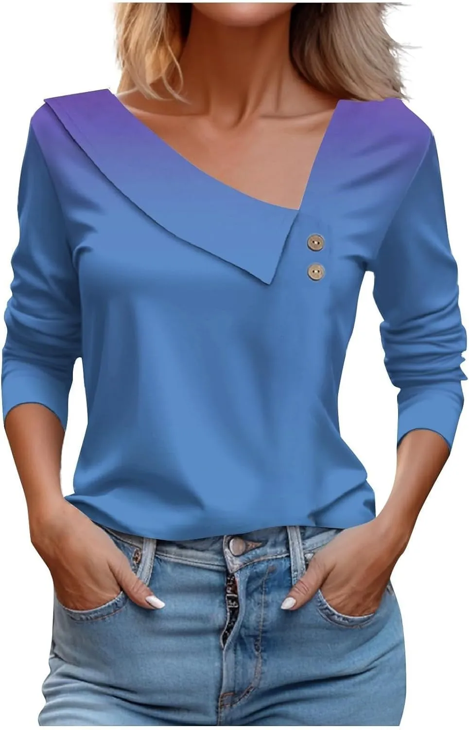 CRNTCEM Womens Spring 3/4 Sleeve Tops 2024 Fashion V Neck Tunic Casual Dressy Tee Asymmetric Lapel Neck Button Dressy Blouse