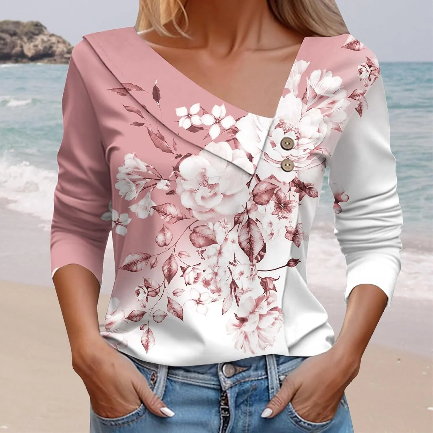 CRNTCEM Womens Spring 3/4 Sleeve Tops 2024 Fashion V Neck Tunic Casual Dressy Tee Asymmetric Lapel Neck Button Dressy Blouse