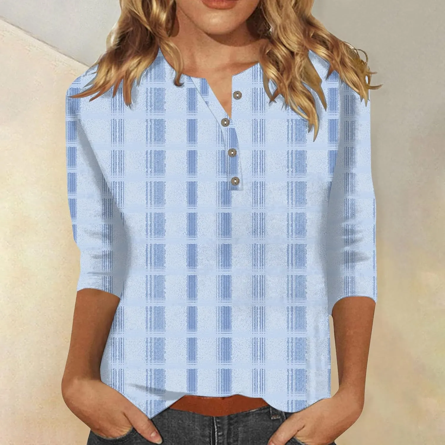 CRNTCEM Womens Spring 3/4 Sleeve Tops 2024 Fashion V Neck Tunic Casual Dressy Tee Asymmetric Lapel Neck Button Dressy Blouse