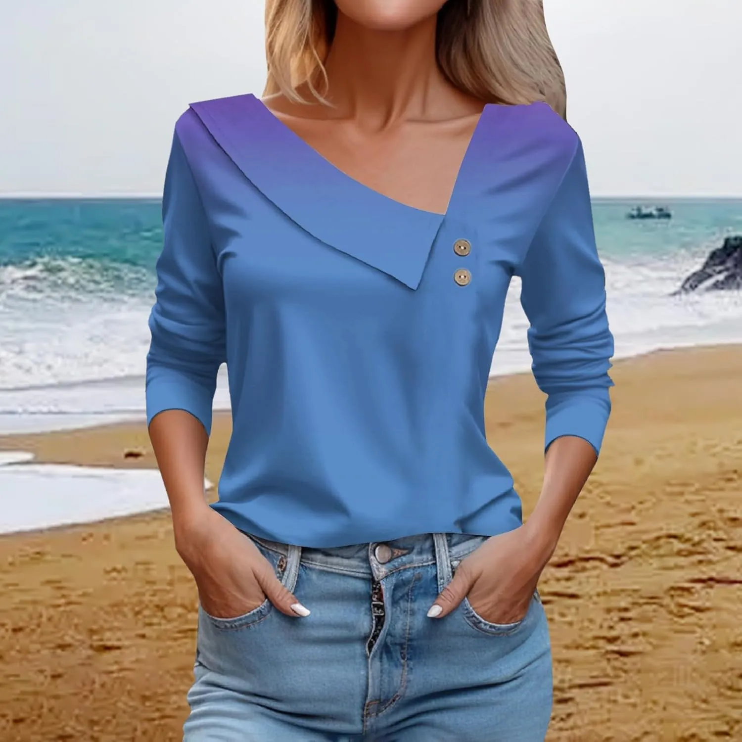 CRNTCEM Womens Spring 3/4 Sleeve Tops 2024 Fashion V Neck Tunic Casual Dressy Tee Asymmetric Lapel Neck Button Dressy Blouse