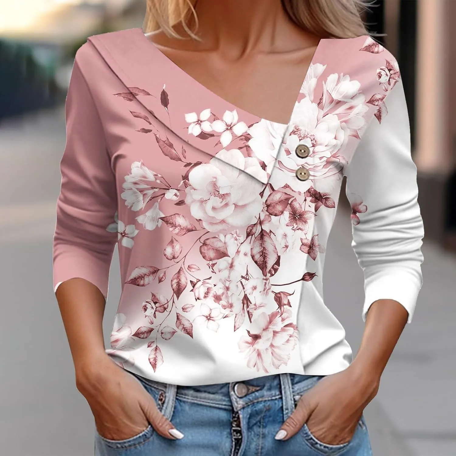 CRNTCEM Womens Spring 3/4 Sleeve Tops 2024 Fashion V Neck Tunic Casual Dressy Tee Asymmetric Lapel Neck Button Dressy Blouse