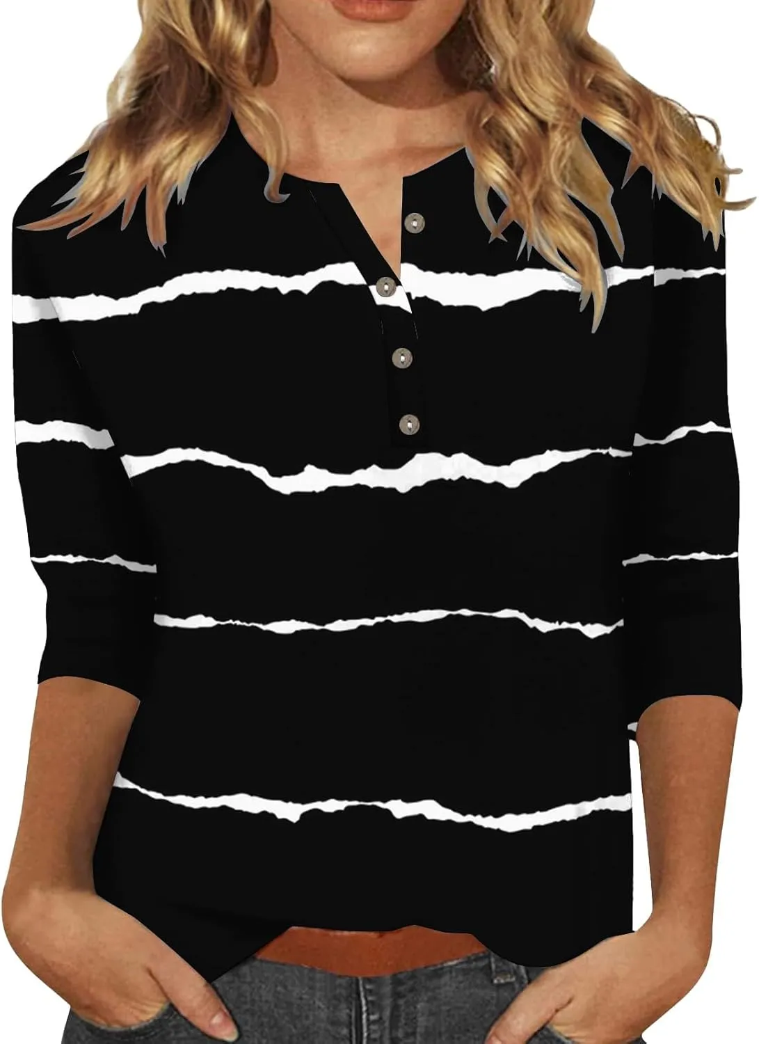CRNTCEM Womens Spring 3/4 Sleeve Tops 2024 Fashion V Neck Tunic Casual Dressy Tee Asymmetric Lapel Neck Button Dressy Blouse