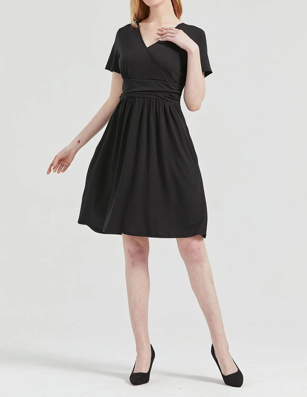 DaniChins Women's High Waist Short Sleeve Casual A-Line Swing Midi Dress with Pockets