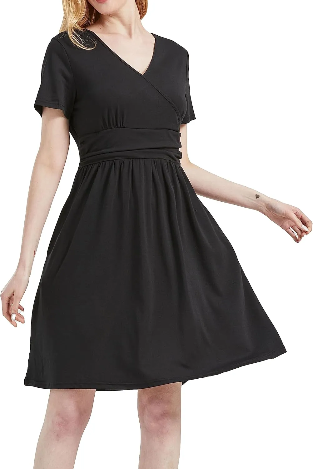 DaniChins Women's High Waist Short Sleeve Casual A-Line Swing Midi Dress with Pockets
