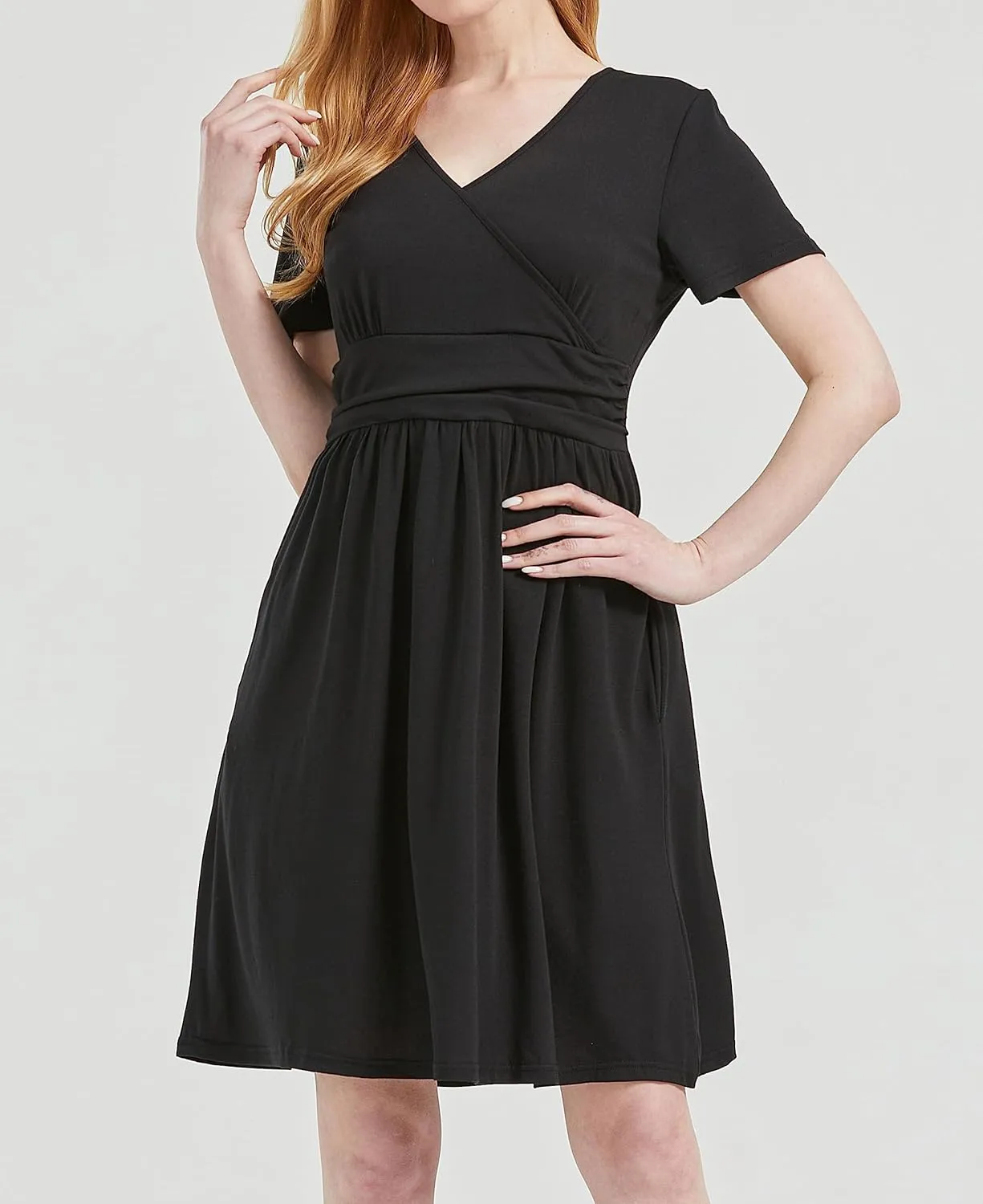DaniChins Women's High Waist Short Sleeve Casual A-Line Swing Midi Dress with Pockets