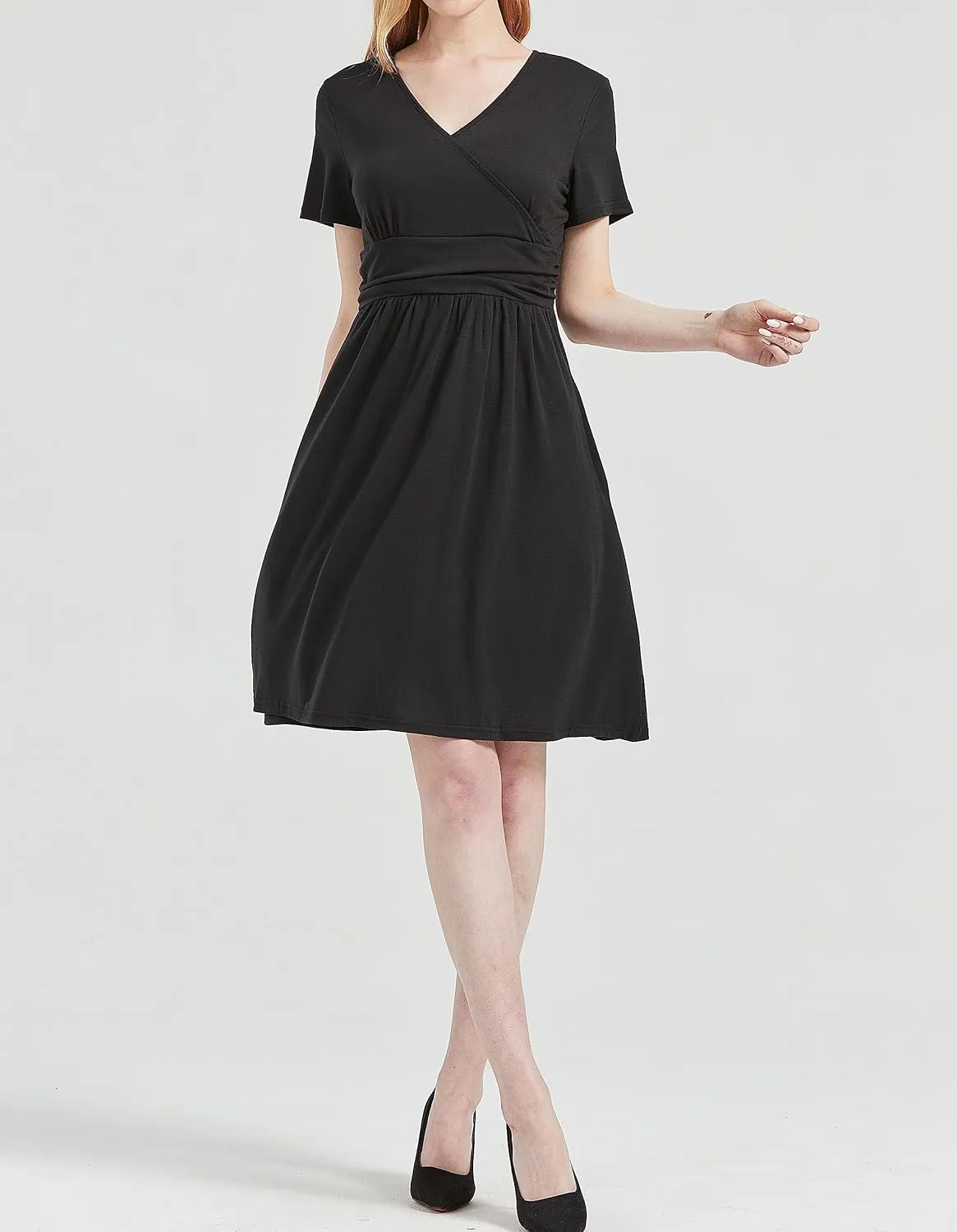 DaniChins Women's High Waist Short Sleeve Casual A-Line Swing Midi Dress with Pockets