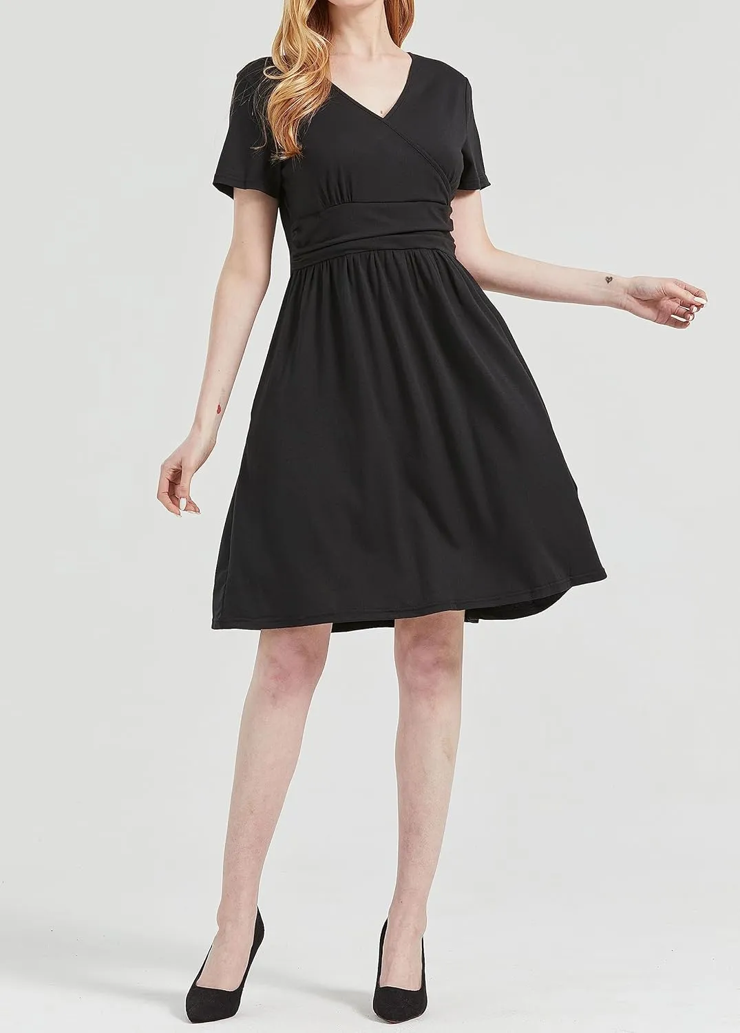 DaniChins Women's High Waist Short Sleeve Casual A-Line Swing Midi Dress with Pockets