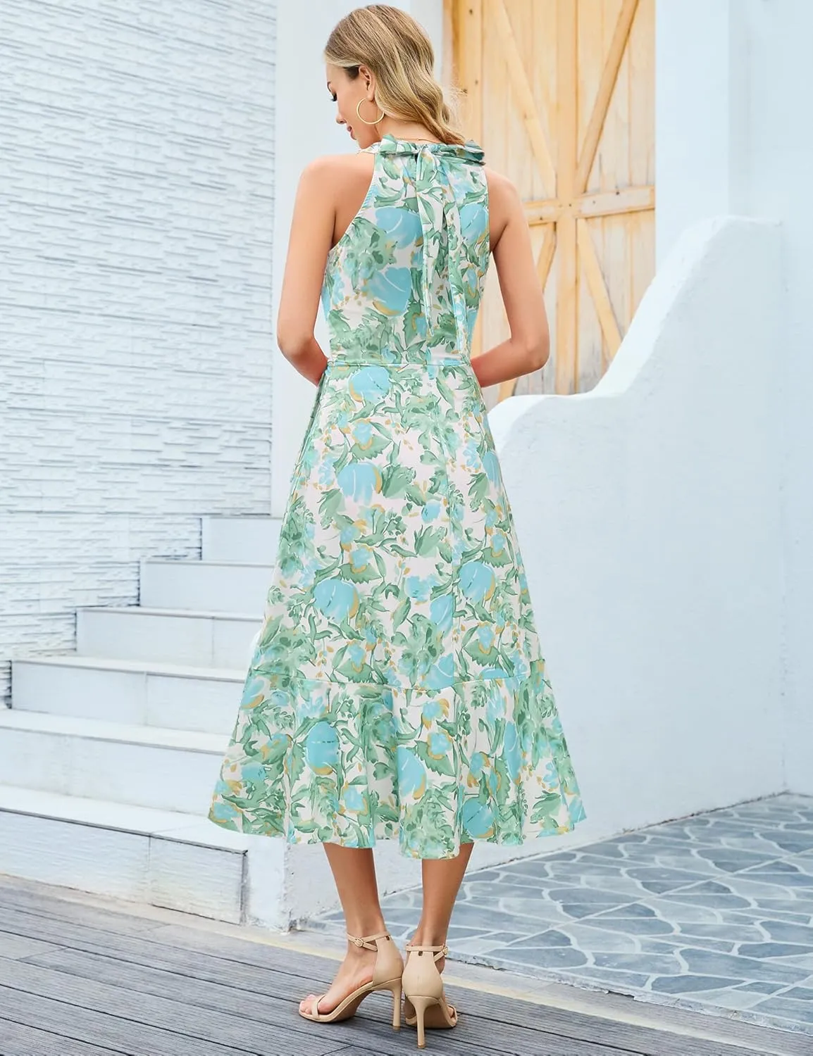 Dressystar Women's Floral Halter Dress 2025 Ruffles Long Summer Beach Wedding Guest Dresses Vacation Sundress