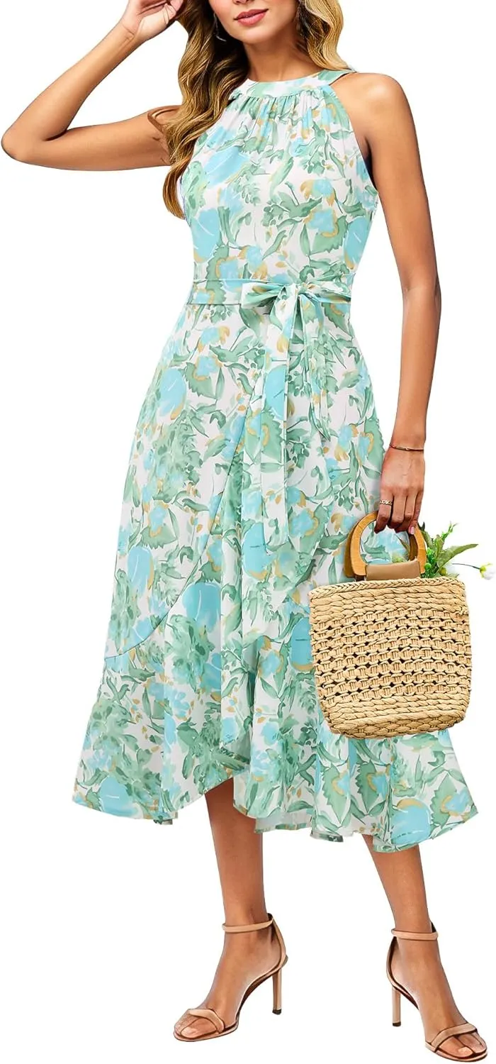 Dressystar Women's Floral Halter Dress 2025 Ruffles Long Summer Beach Wedding Guest Dresses Vacation Sundress